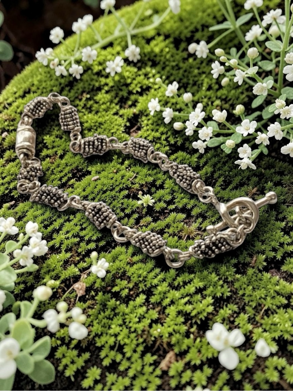 Michael Dawkins Sterling Granulation Link Barrel Bead Bracelet ~